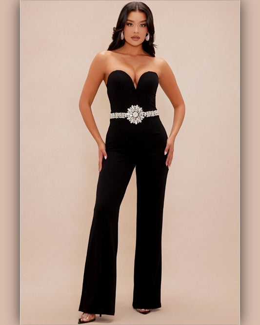 Jumpsuit Negro con Detalle de Piedras Plateadas